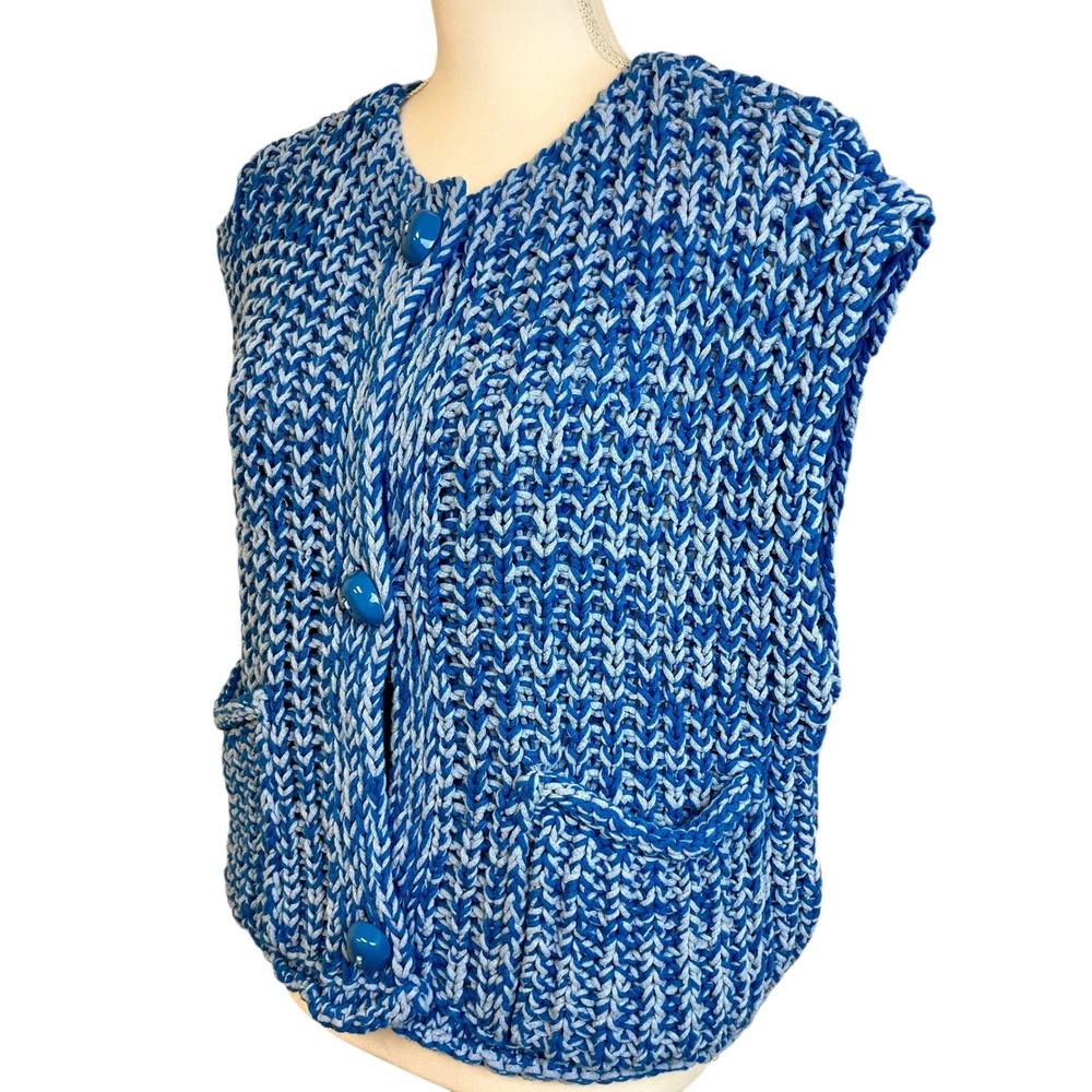 ZARA Blue White Chunky Knit Sweater Vest Cardigan Button Front Pockets Sz‎ L - Picture 5 of 12